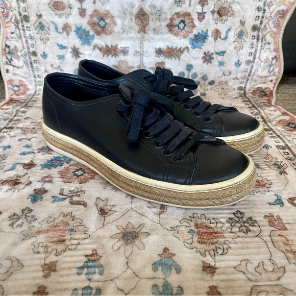 Prada Men's Leather Lace Up Espadrille Black Sneakers - Picture 2 of 12